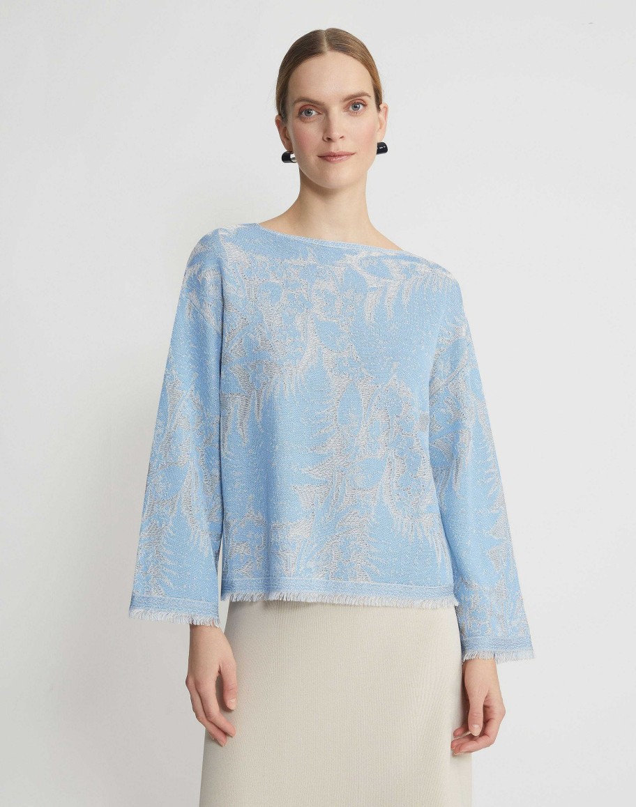 Lafayette 148 New York Sweaters & Knits | Eco Flora Jacquard Finespun Voile Bateau Sweater Sky Blue Multi