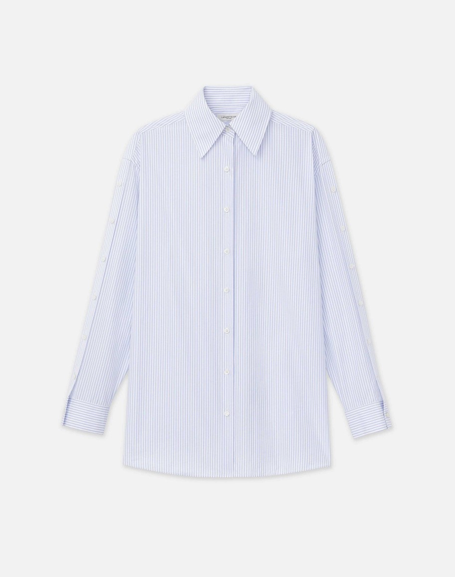 Lafayette 148 New York Dresses | Stripe Cotton Poplin Button Sleeve Oversized Shirt Wild Bluet Multi