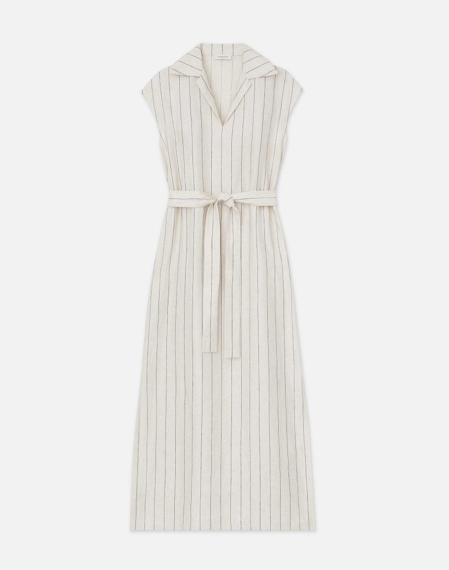 Lafayette 148 New York Dresses | Pinstripe Linen Popover Dress Pebble Multi
